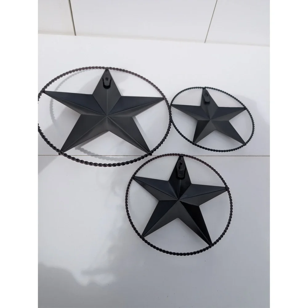 Rustic Metal Barn Star Wall Art Set of 3 Twisted Rope Circle Burgundy Black